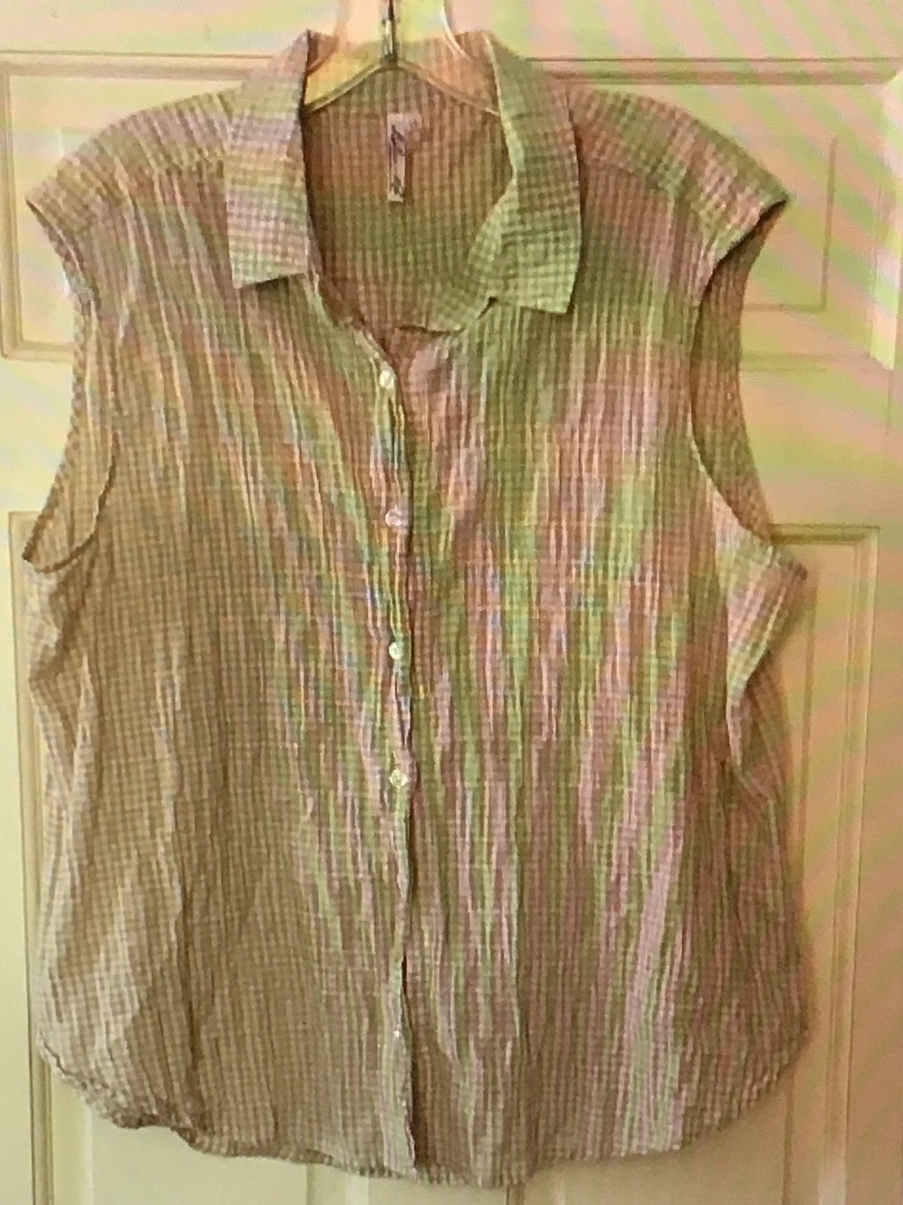 Sleeveless Beige Stripe Button-Down Shirt